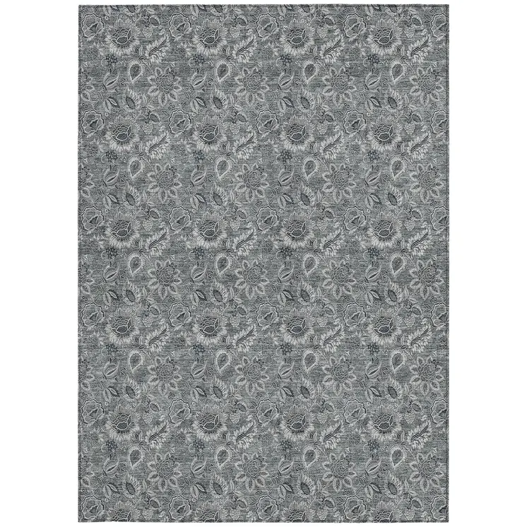 3' X 5' Gray Silver And Charcoal Floral Washable Indoor Outdoor Area Rug