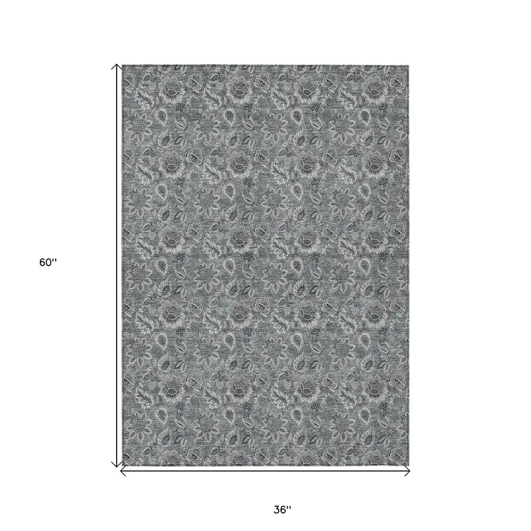 3' X 5' Gray Silver And Charcoal Floral Washable Indoor Outdoor Area Rug