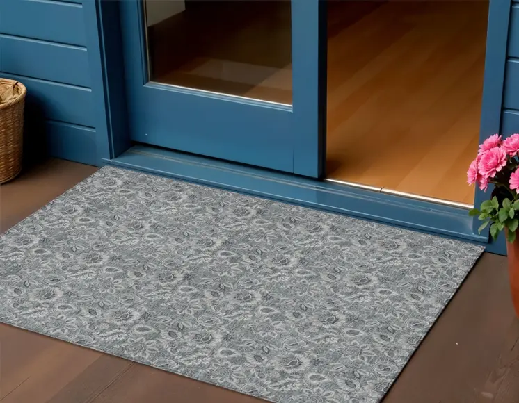3' X 5' Gray Silver And Charcoal Floral Washable Indoor Outdoor Area Rug