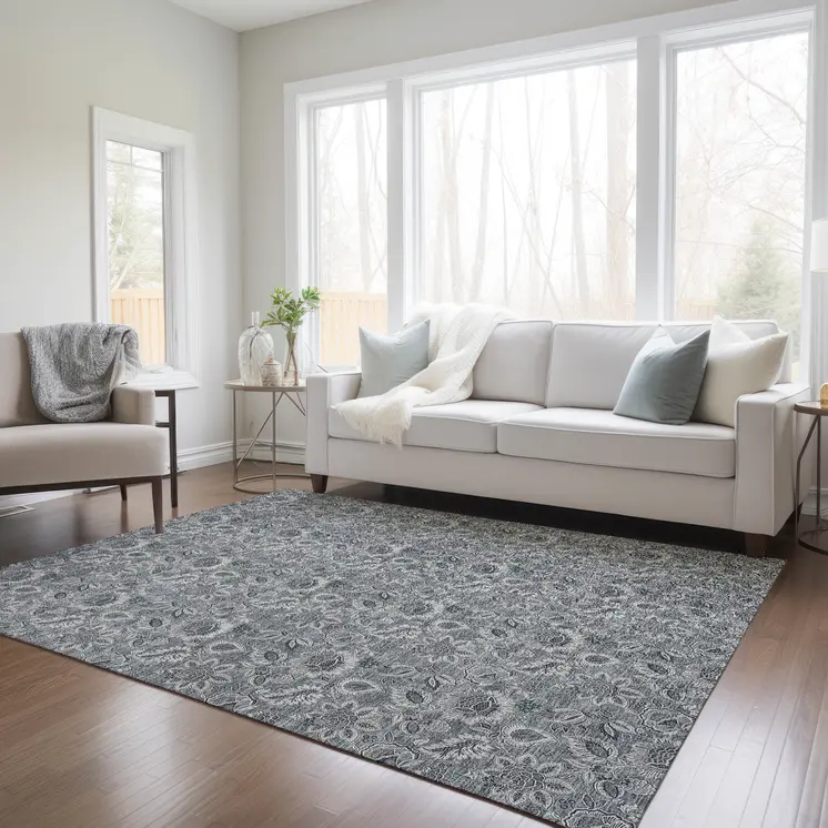 3' X 5' Gray Silver And Charcoal Floral Washable Indoor Outdoor Area Rug
