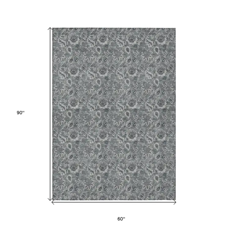 5' X 8' Gray Silver And Charcoal Floral Washable Indoor Outdoor Area Rug