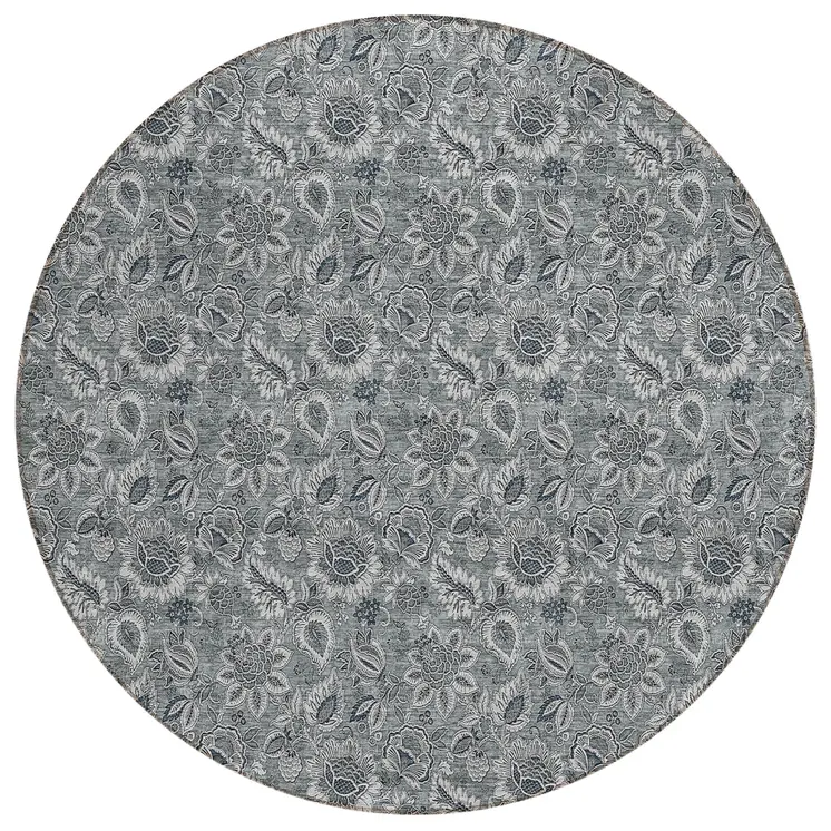 8' Gray Silver And Charcoal Round Floral Washable Indoor Outdoor Area Rug