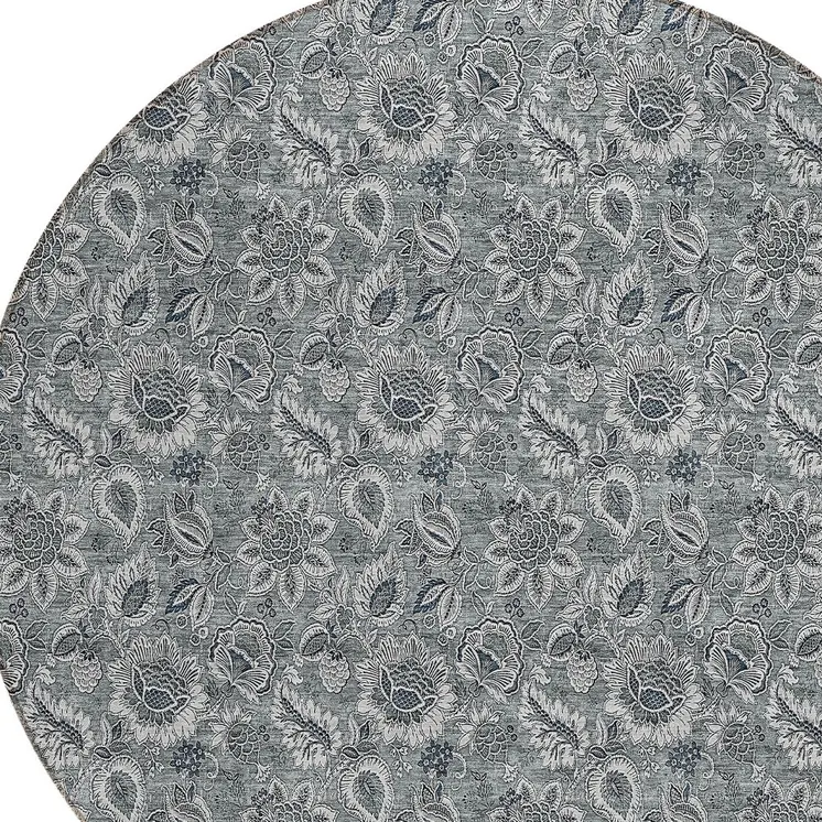 8' Gray Silver And Charcoal Round Floral Washable Indoor Outdoor Area Rug