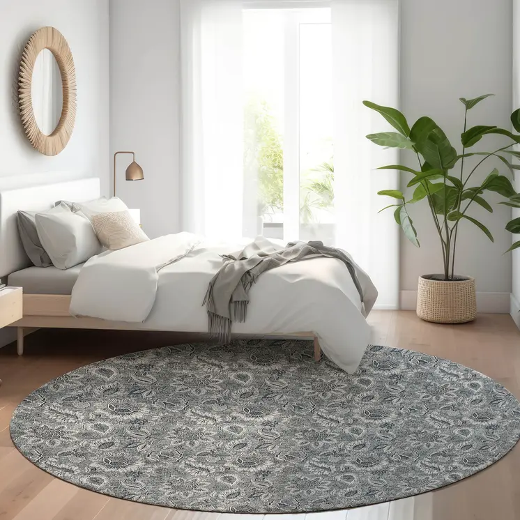 8' Gray Silver And Charcoal Round Floral Washable Indoor Outdoor Area Rug