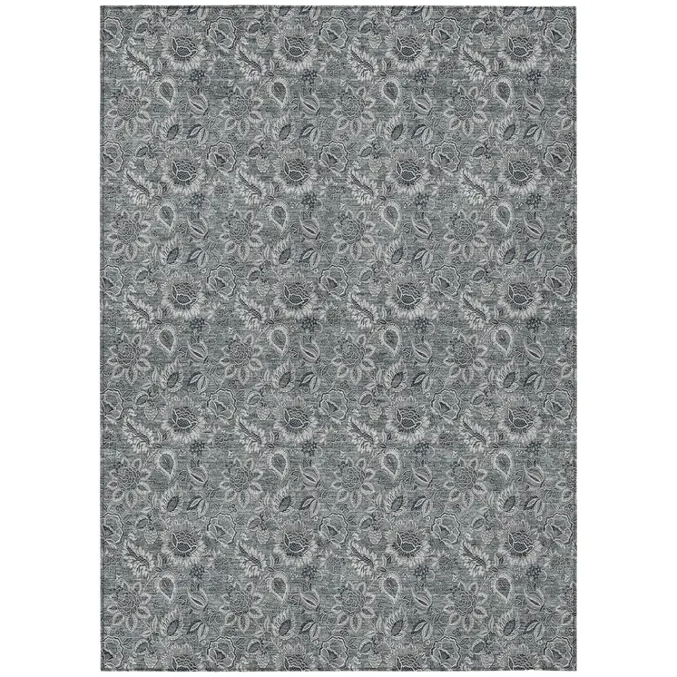 8' X 10' Gray Silver And Charcoal Floral Washable Indoor Outdoor Area Rug