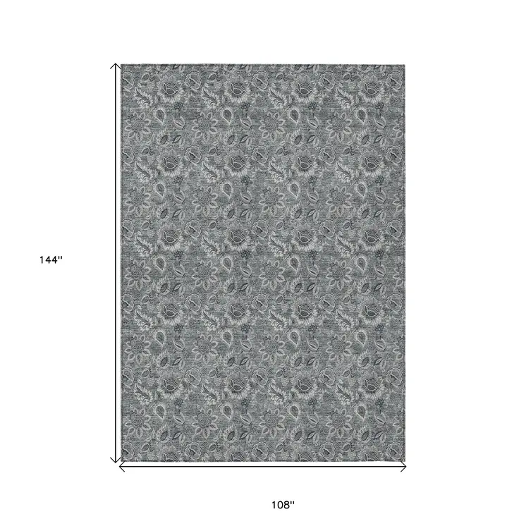 9' X 12' Gray Silver And Charcoal Floral Washable Indoor Outdoor Area Rug