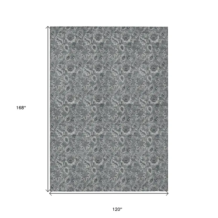 10' X 14' Gray Silver And Charcoal Floral Washable Indoor Outdoor Area Rug