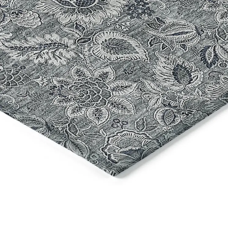 10' X 14' Gray Silver And Charcoal Floral Washable Indoor Outdoor Area Rug