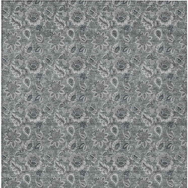 10' X 14' Gray Silver And Charcoal Floral Washable Indoor Outdoor Area Rug