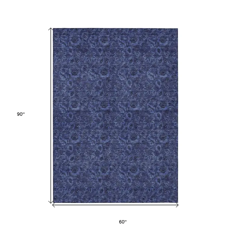 5' X 8' Navy Blue And Charcoal Floral Washable Indoor Outdoor Area Rug