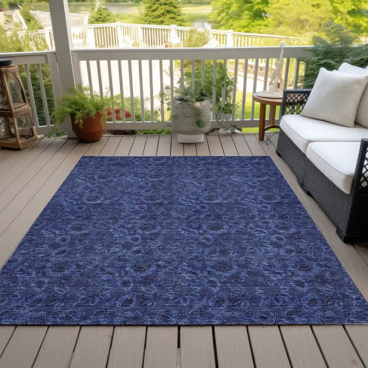 5' X 8' Navy Blue And Charcoal Floral Washable Indoor Outdoor Area Rug