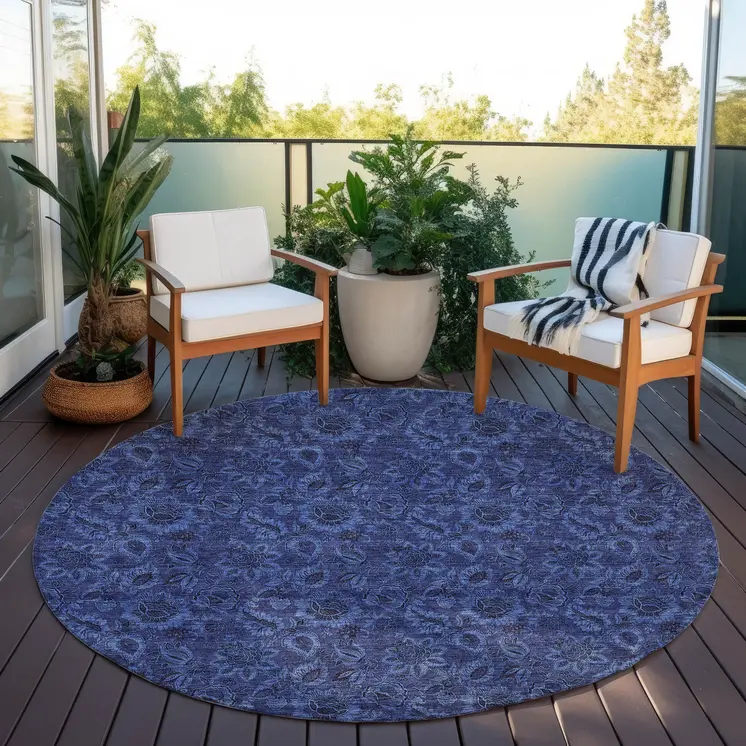 8' Navy Blue And Charcoal Round Floral Washable Indoor Outdoor Area Rug