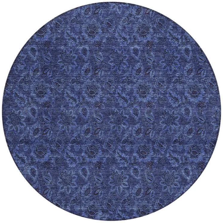 8' Navy Blue And Charcoal Round Floral Washable Indoor Outdoor Area Rug