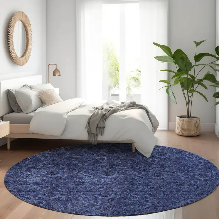 8' Navy Blue And Charcoal Round Floral Washable Indoor Outdoor Area Rug