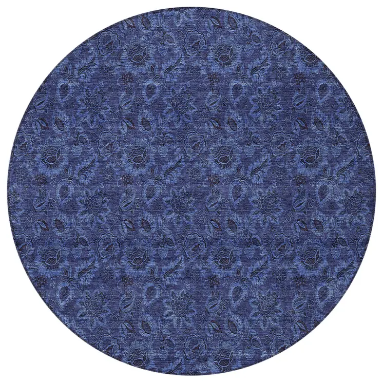 8' Navy Blue And Charcoal Round Floral Washable Indoor Outdoor Area Rug