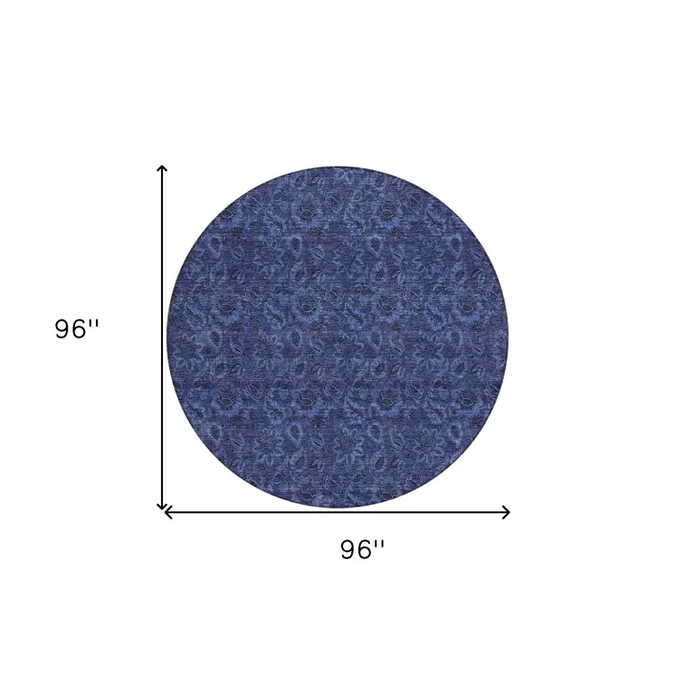8' Navy Blue And Charcoal Round Floral Washable Indoor Outdoor Area Rug