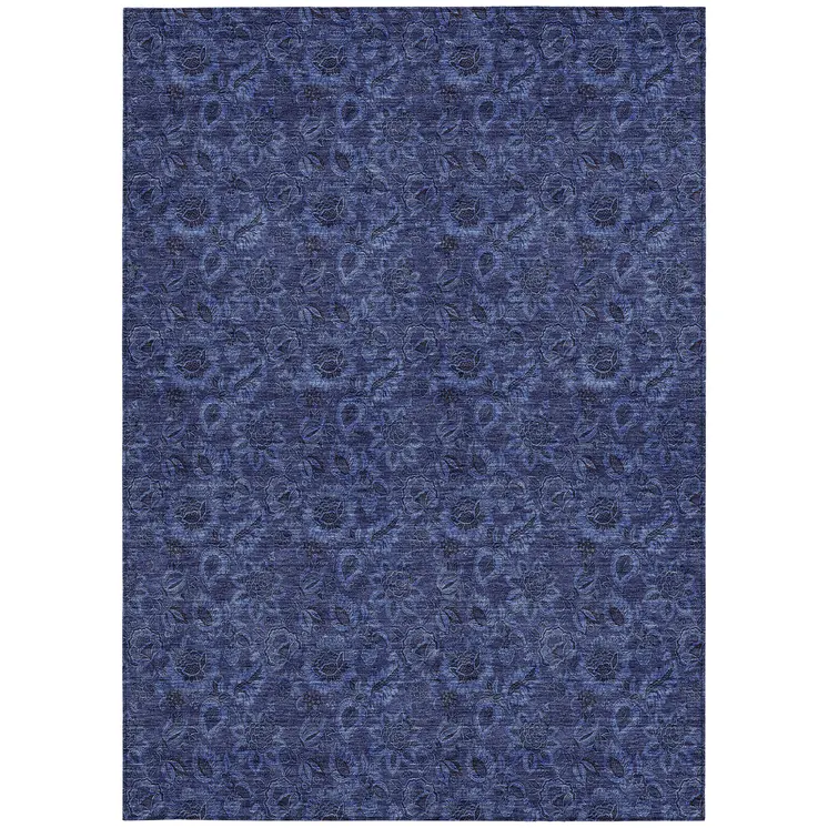 8' X 10' Navy Blue And Charcoal Floral Washable Indoor Outdoor Area Rug