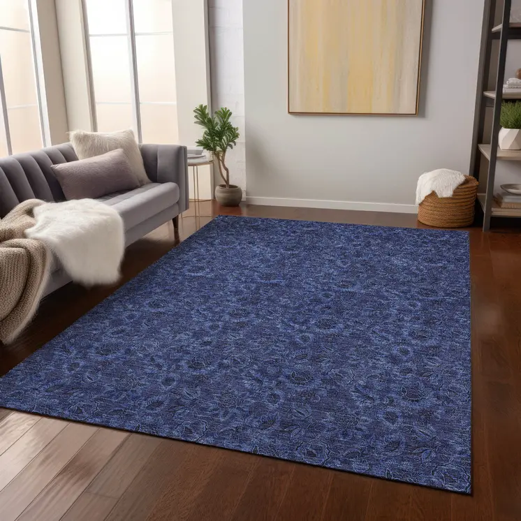 8' X 10' Navy Blue And Charcoal Floral Washable Indoor Outdoor Area Rug