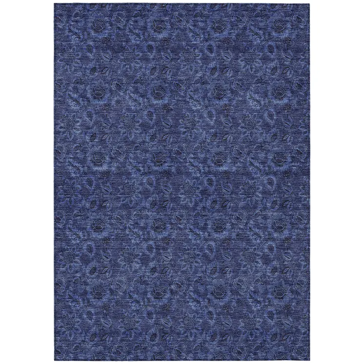 10' X 14' Navy Blue And Charcoal Floral Washable Indoor Outdoor Area Rug