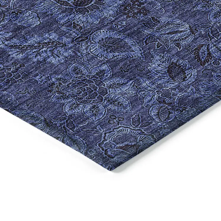 10' X 14' Navy Blue And Charcoal Floral Washable Indoor Outdoor Area Rug