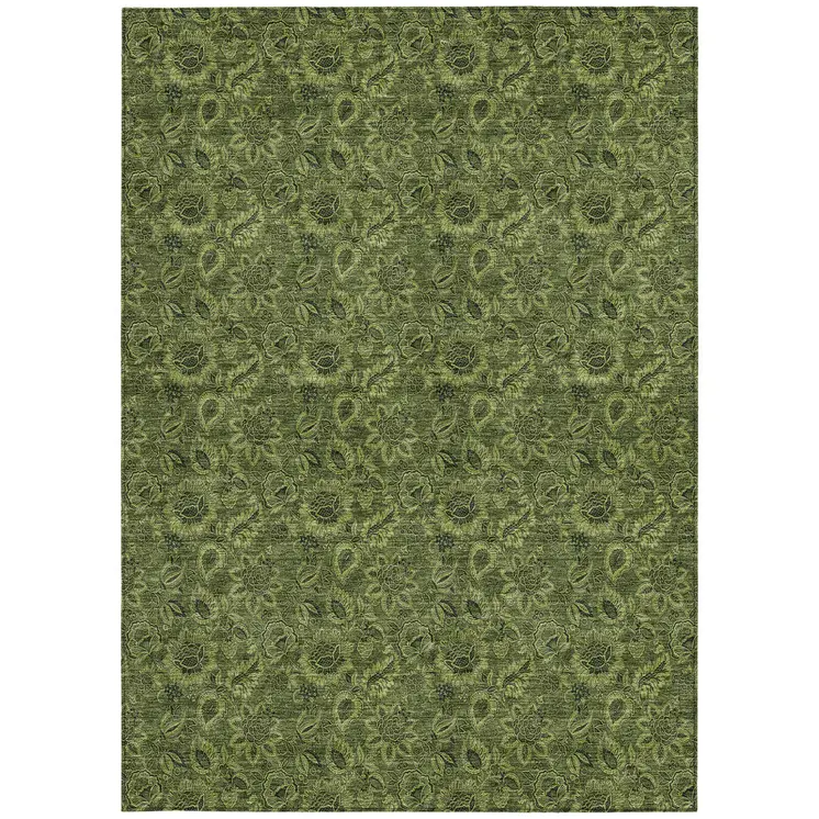 5' X 8' Olive Green And Fern Green Floral Washable Indoor Outdoor Area Rug