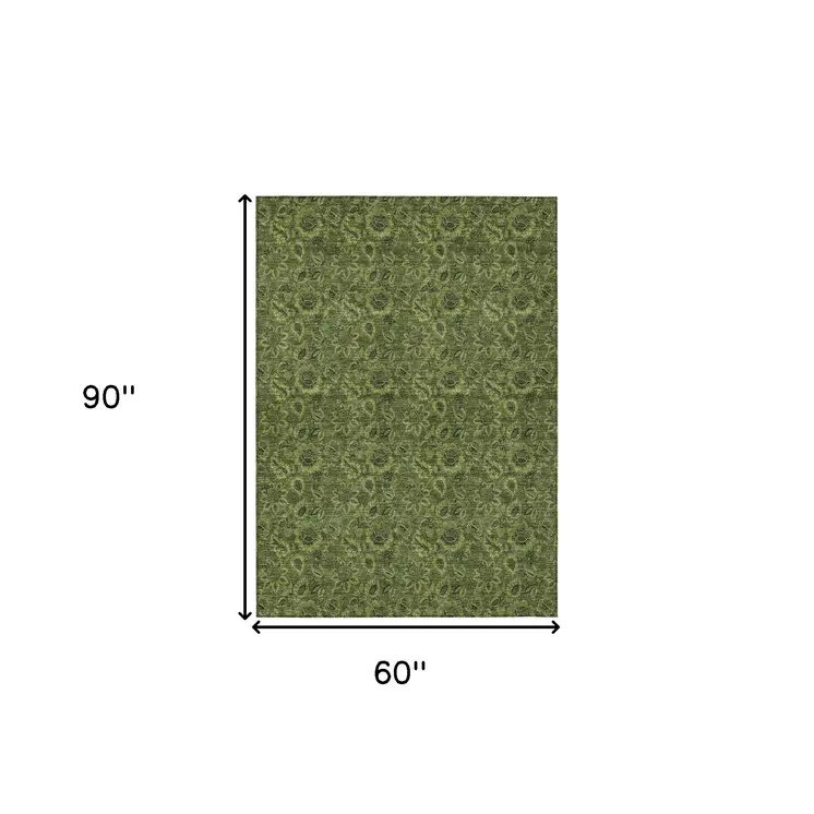5' X 8' Olive Green And Fern Green Floral Washable Indoor Outdoor Area Rug