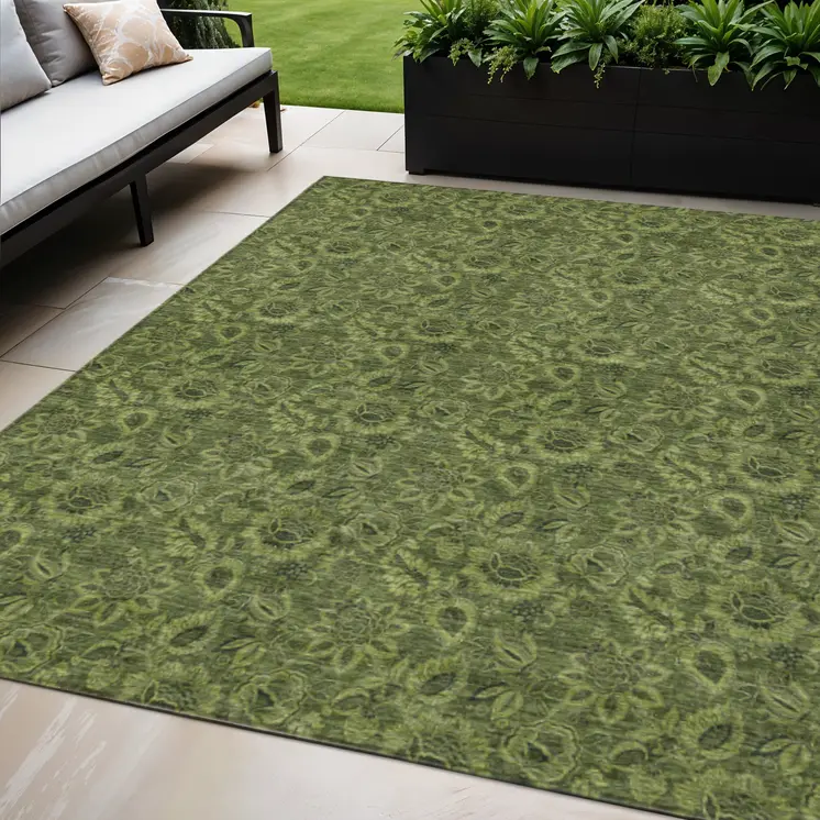 5' X 8' Olive Green And Fern Green Floral Washable Indoor Outdoor Area Rug