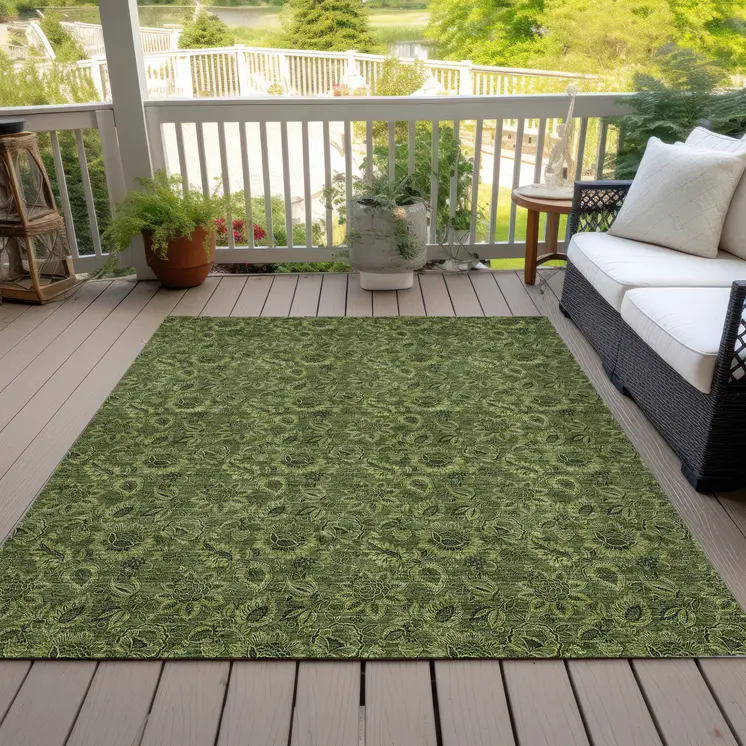 5' X 8' Olive Green And Fern Green Floral Washable Indoor Outdoor Area Rug