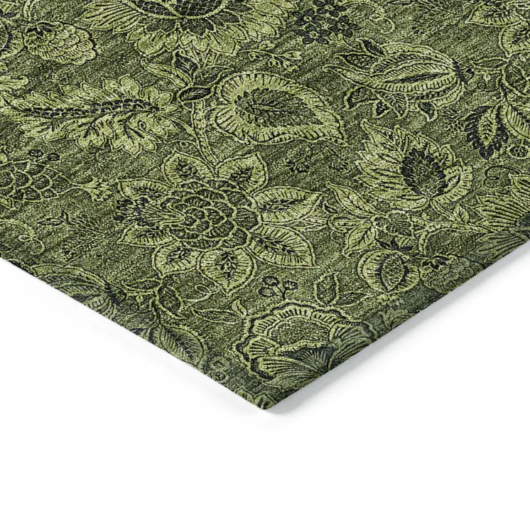 5' X 8' Olive Green And Fern Green Floral Washable Indoor Outdoor Area Rug