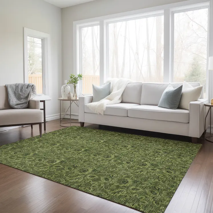 5' X 8' Olive Green And Fern Green Floral Washable Indoor Outdoor Area Rug