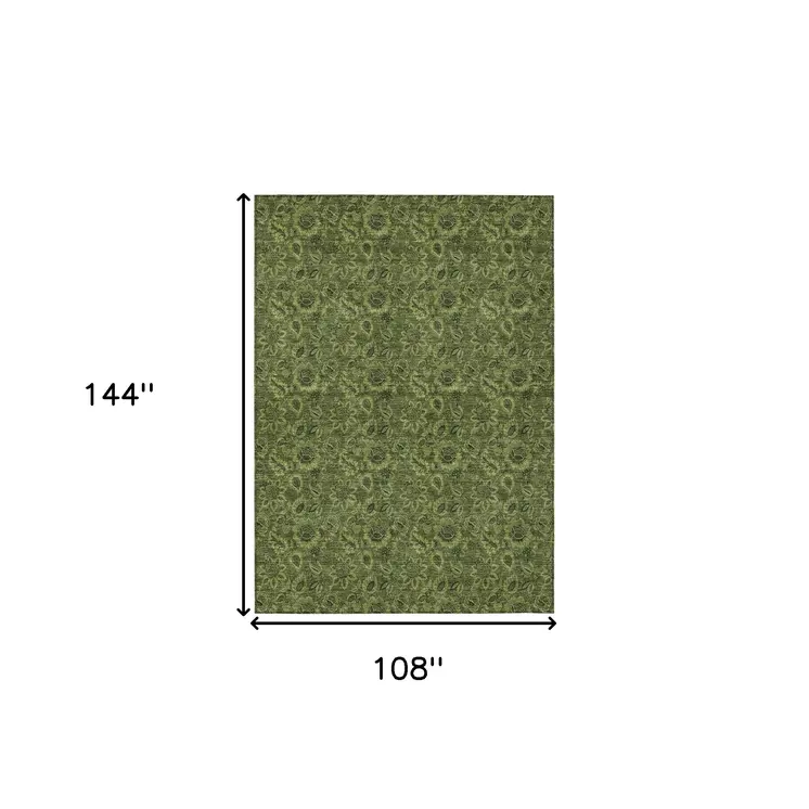 9' X 12' Olive Green And Fern Green Floral Washable Indoor Outdoor Area Rug