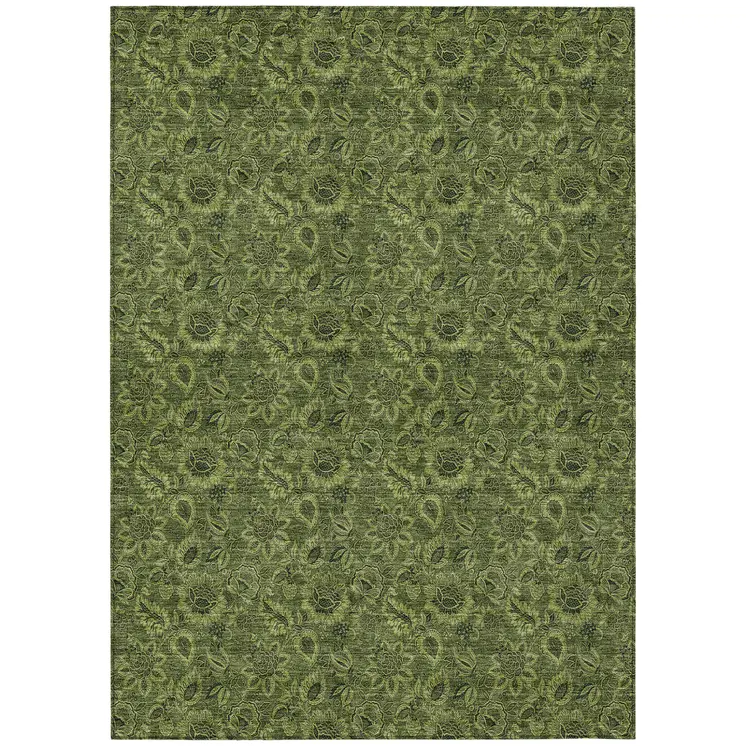 9' X 12' Olive Green And Fern Green Floral Washable Indoor Outdoor Area Rug