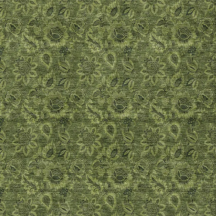 9' X 12' Olive Green And Fern Green Floral Washable Indoor Outdoor Area Rug