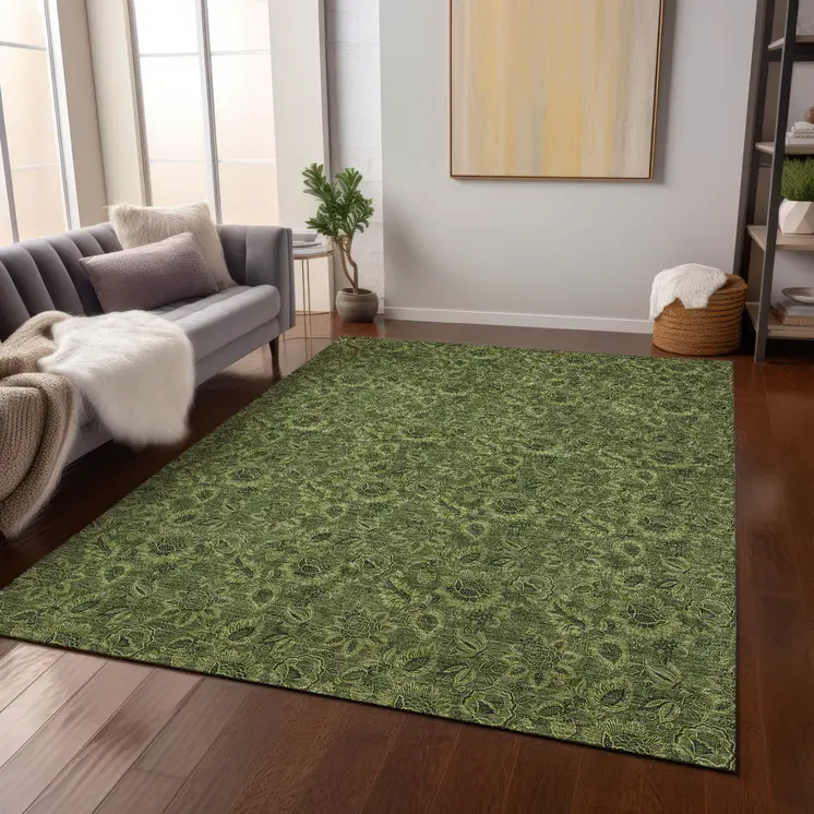 9' X 12' Olive Green And Fern Green Floral Washable Indoor Outdoor Area Rug