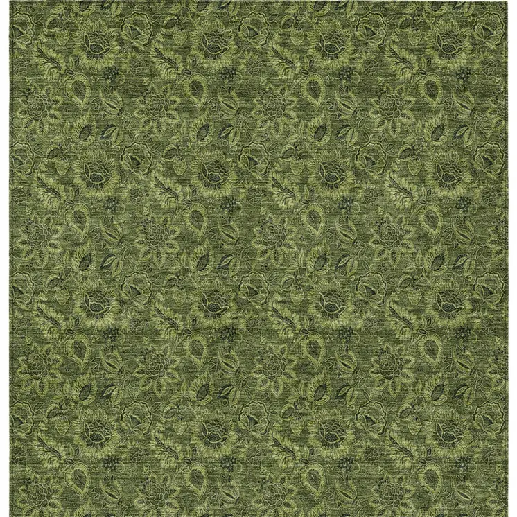10' X 14' Olive Green And Fern Green Floral Washable Indoor Outdoor Area Rug