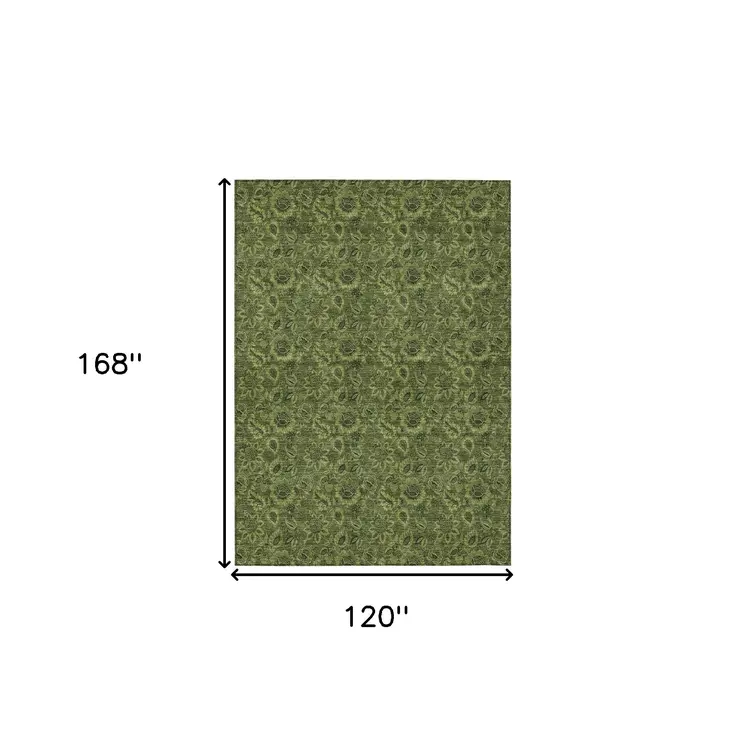 10' X 14' Olive Green And Fern Green Floral Washable Indoor Outdoor Area Rug
