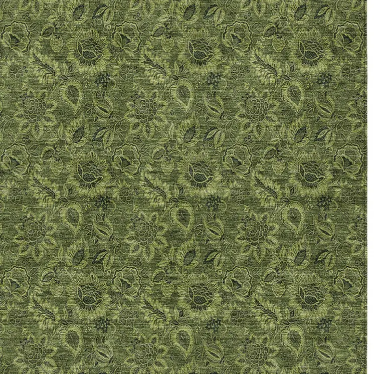 10' X 14' Olive Green And Fern Green Floral Washable Indoor Outdoor Area Rug