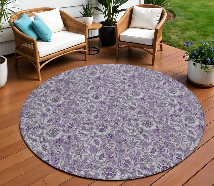 8' Purple Lilac And Lavender Round Floral Washable Indoor Outdoor Area Rug
