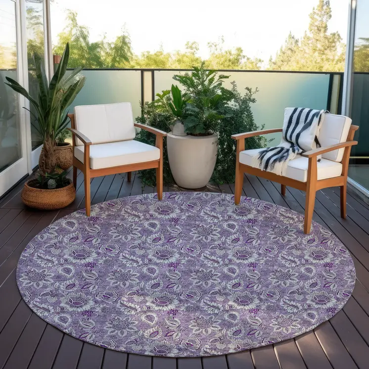 8' Purple Lilac And Lavender Round Floral Washable Indoor Outdoor Area Rug