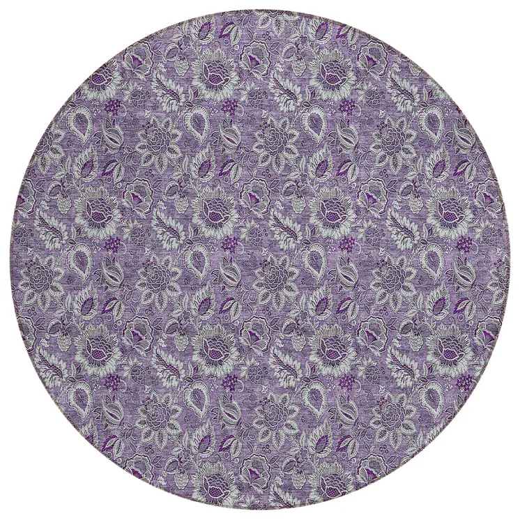 8' Purple Lilac And Lavender Round Floral Washable Indoor Outdoor Area Rug
