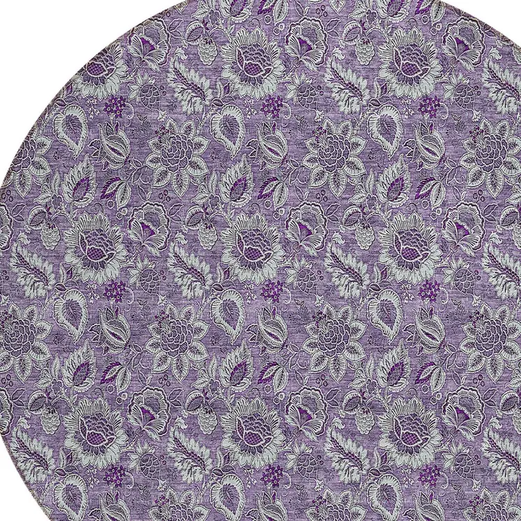 8' Purple Lilac And Lavender Round Floral Washable Indoor Outdoor Area Rug
