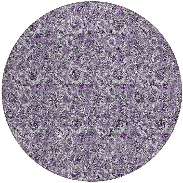 8' Purple Lilac And Lavender Round Floral Washable Indoor Outdoor Area Rug