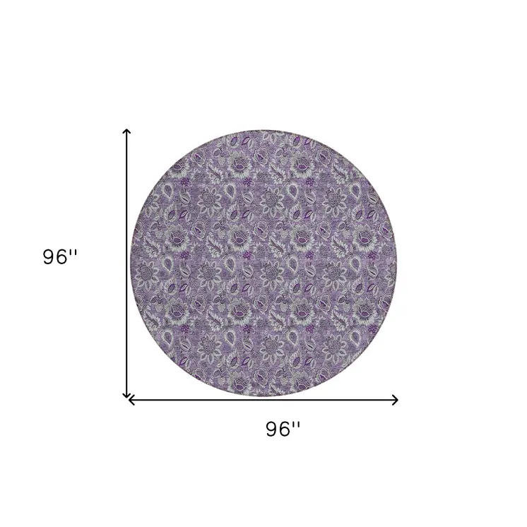 8' Purple Lilac And Lavender Round Floral Washable Indoor Outdoor Area Rug