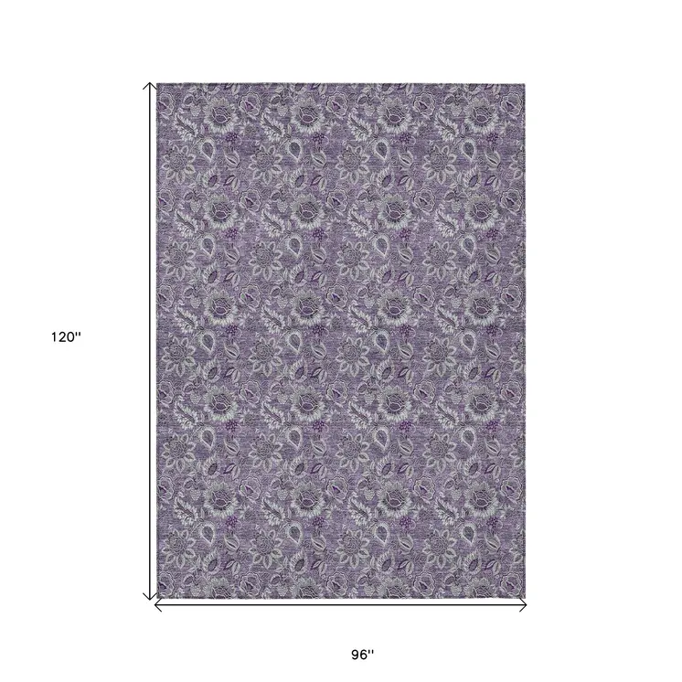 8' X 10' Purple Lilac And Lavender Floral Washable Indoor Outdoor Area Rug
