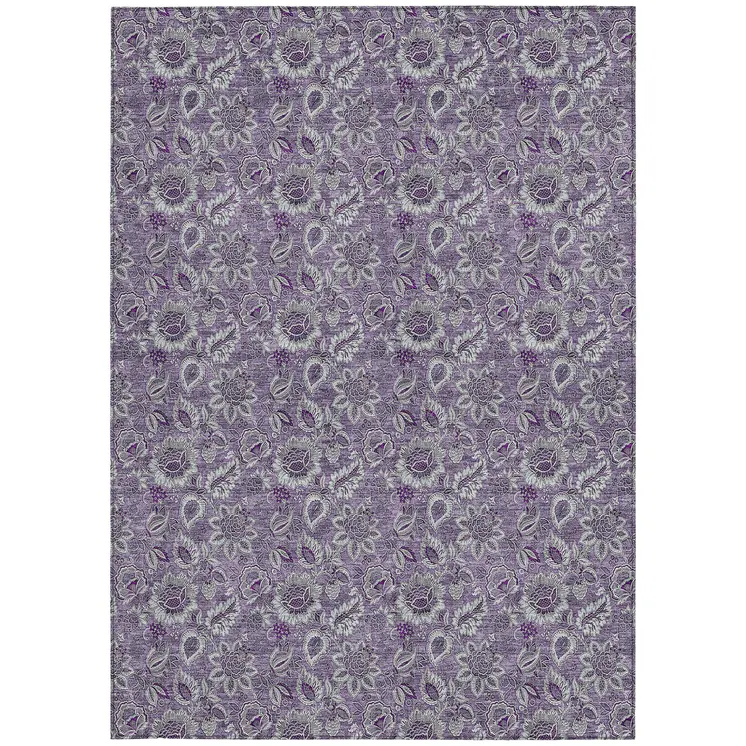9' X 12' Purple Lilac And Lavender Floral Washable Indoor Outdoor Area Rug
