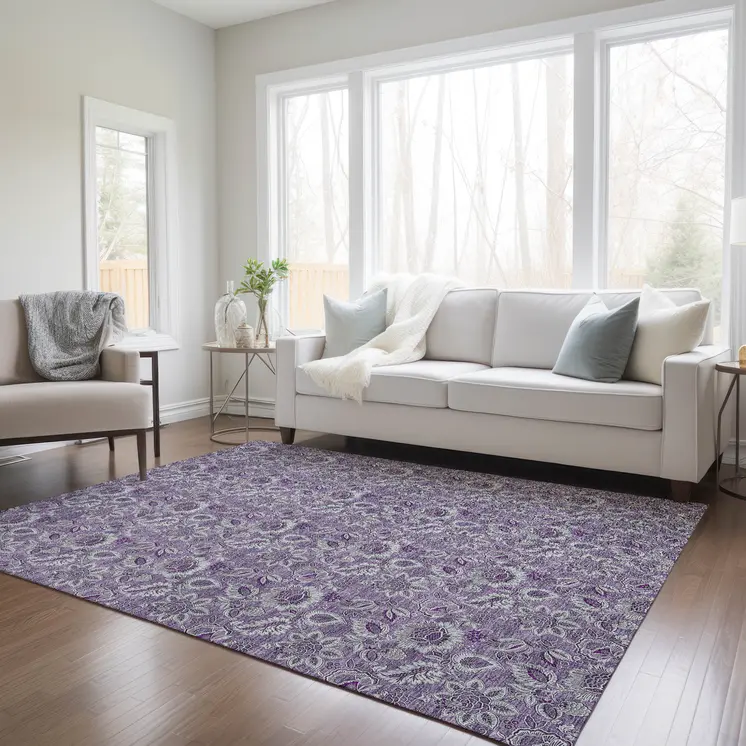 9' X 12' Purple Lilac And Lavender Floral Washable Indoor Outdoor Area Rug
