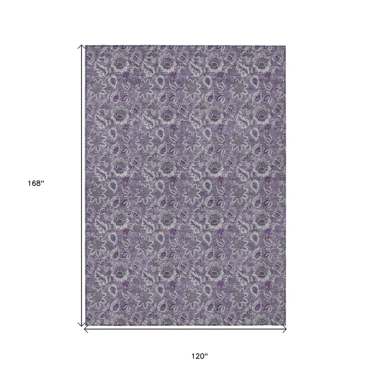 10' X 14' Purple Lilac And Lavender Floral Washable Indoor Outdoor Area Rug