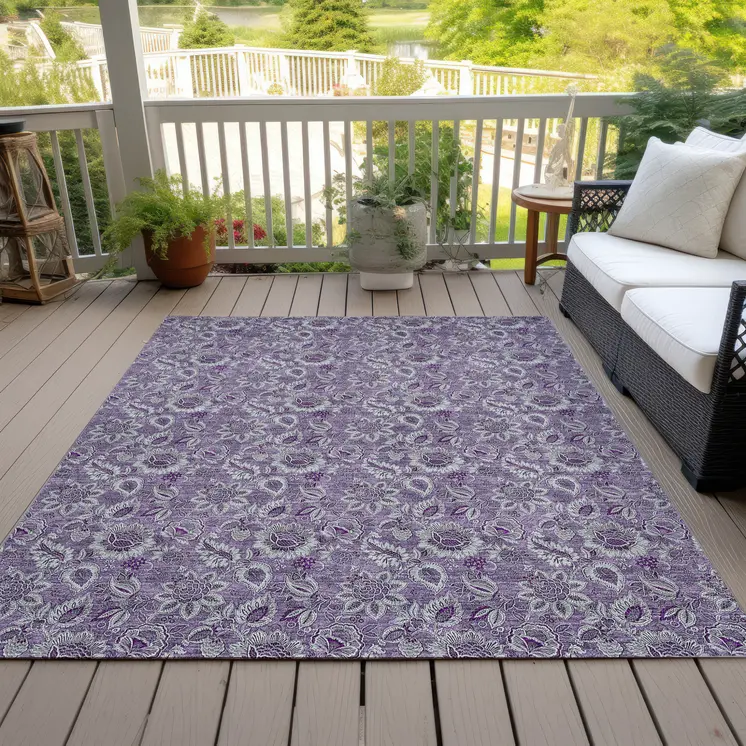 10' X 14' Purple Lilac And Lavender Floral Washable Indoor Outdoor Area Rug