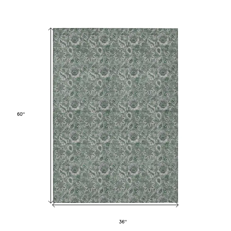 3' X 5' Sage Green And Silver Floral Washable Indoor Outdoor Area Rug