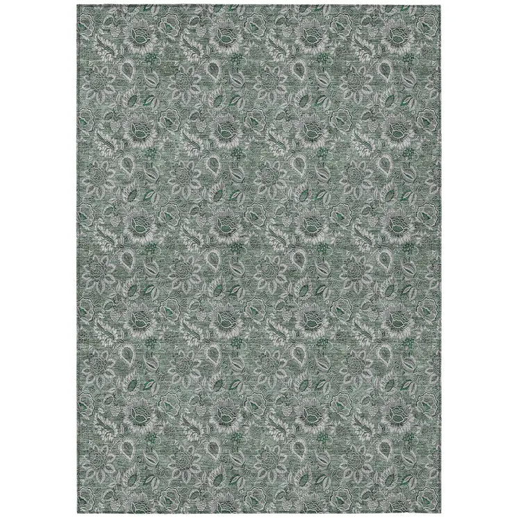 3' X 5' Sage Green And Silver Floral Washable Indoor Outdoor Area Rug